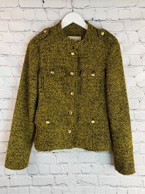 MICHAEL KORS Olive Green Boucle Tweed Jacket Gold Buttons Military